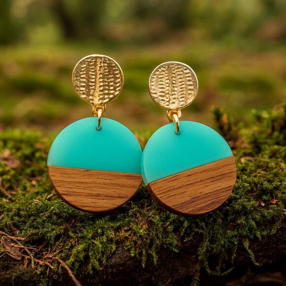 Boho Chic Turquoise Resin And Wood Drop Earrings Casual Elegant Trendy Design - Picture 6 of 12